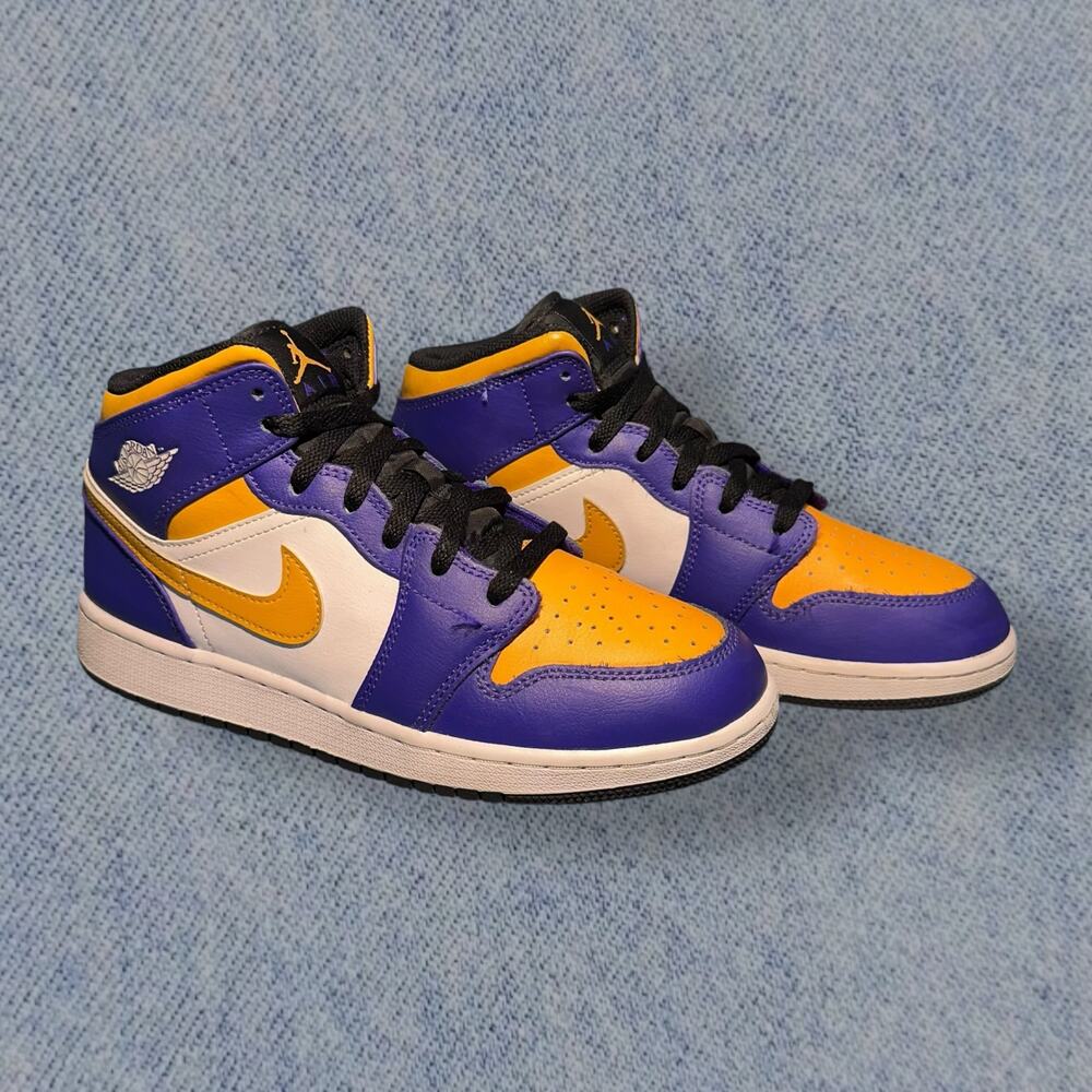 Air Jordan 1 Mid SE ‘Lakers’ Sneakers Purple Gold White - Size 6.5Y